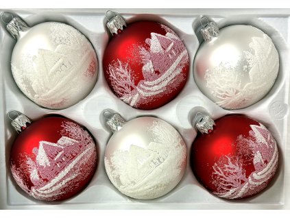 Skleněné vánoční koule 7 cm „Zasněžená chaloupka“ – Ručně malované v červeno-bílém provedení – sada 6 ks
