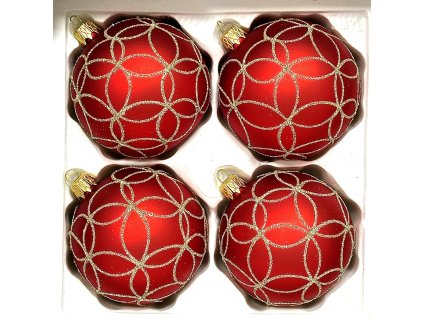 Skleněné vánoční koule 8 cm „Zlatá geometrie“ – Elegantní červené ozdoby s třpytivým dekorem - sada 4 ks