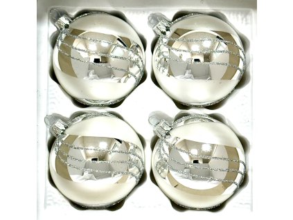 Skleněné vánoční koule 8 cm „Stříbrná harmonie“ – Elegantní ozdoby s jemným třpytem - sada 4 ks