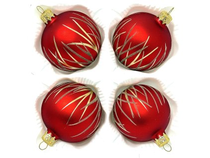 Skleněné vánoční ozdoby „Rubínové jehličí“, 7 cm, červené se zlatým zdobením- sada 4 ks