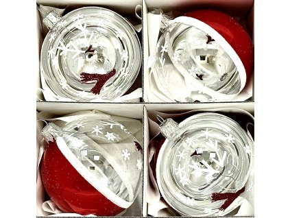 Skleněné vánoční ozdoby „Červená zimní scenérie“, 8 cm, čiré s červeno-bílým zdobením- sada 4 ks