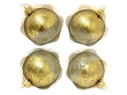 Skleněné vánoční ozdoby „Zlatý reliéfní půvab“, 7 cm, zlaté ve dvou texturách- sada 4 ks