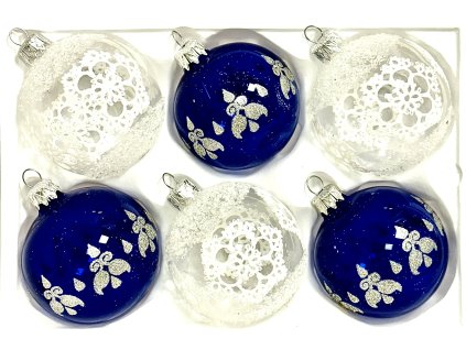 Skleněné vánoční ozdoby „Královská krajka“, 7 cm, modro-čiré se stříbrným zdobením – sada 6 ks