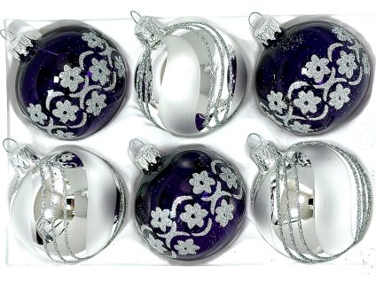 Skleněné vánoční ozdoby „Purpurové květy ve stříbře“, 7 cm, fialovo-stříbrné se stříbrným zdobením – sada 6 ks