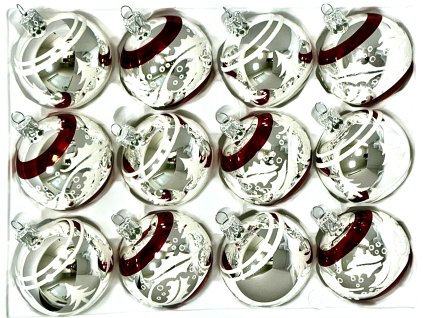 Skleněné vánoční ozdoby „Stříbrné slavnostní spirály“, 7 cm, stříbrno-červené s bílým dekorem – sada 12 ks