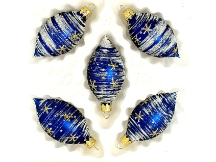 Skleněné vánoční ozdoby "Noční hvězdná oliva", 8 x 4 cm, modro-bílé se zlatými hvězdami- sada 5 ks a