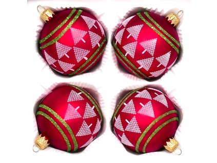Skleněná vánoční koule Ø 7 cm – Nordic stromky & zelený glitr (sada 4 ks)
