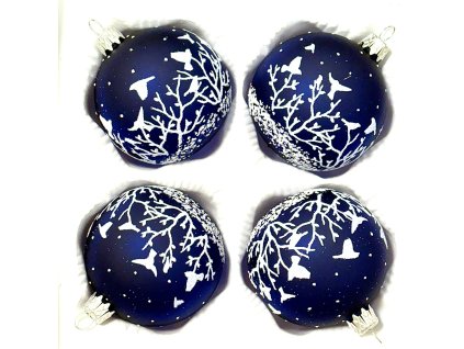 Skleněná vánoční koule Ø 7 cm – tmavě modrá se zimním bílým motivem (sada 4 ks)