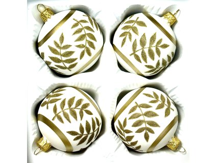 Skleněná vánoční koule Ø 7 cm – bílá se zlatými listy (sada 4 ks)