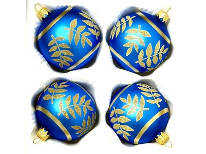 Skleněná vánoční koule Ø 7 cm – královsky modrá se zlatými listy (sada 4 ks) – IRISA Vsetín