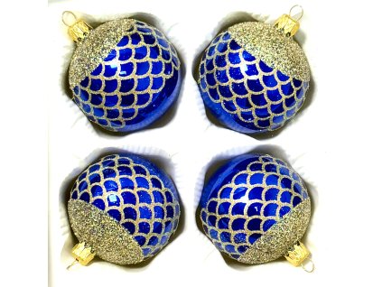 Skleněná vánoční koule Ø 7 cm – královsky modrá s třpytivou zlatou „šupinou“ (sada 4 ks) – IRISA Vsetín