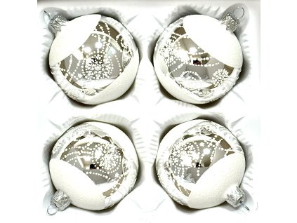 Skleněná vánoční koule Ø 7 cm – stříbrné zrcadlo s bílou mrazovou čepicí a perličkovým sněhovým dekorem (sada 4 ks) – IRISA Vsetín
