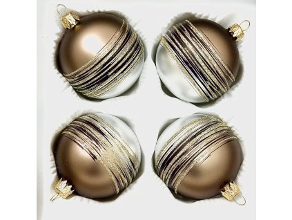 Luxusní koule duo-tone 7 cm – cappuccino & ledově stříbrná s proužky z platinového třpytu (sada 4 ks) – IRISA Vsetín a