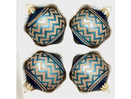 Zigzag elegance – modré skleněné vánoční ozdoby s třpytivým cikcak vzorem, 7 cm a
