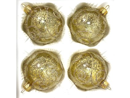 Čiré vánoční koule se zlatou patinou a spirálami – 7 cm, sada 4 ks a