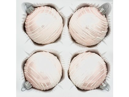 Sněhový závoj růžového rána – sada 4 skleněných baněk 7 cm a