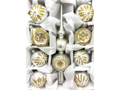 Zlatá elegance – sada stříbrných foukaných ozdob se špicí (8 cm sada 9 ks )