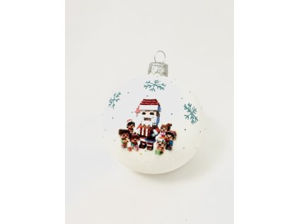 Pixelový Santa s dětmi – bílá skleněná koule 8 cm (s dárkovou krabičkou) IRISA a