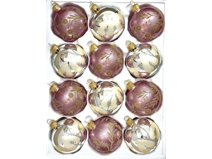 Starorůžová elegance – sada 12 skleněných vánočních koulí 7 cm s květinovým dekorem a