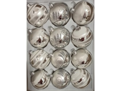 Stříbrný třpyt v bílém objetí – sada skleněných vánočních koulí 7 cm