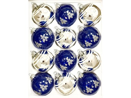 7Modro-stříbrné vánoční koule s květinovým dekorem – sada 12 ks (7 cm) a