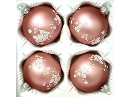 Růžové skleněné vánoční koule se stromečky a sněhovými vločkami – sada 4 ks (7 cm) a