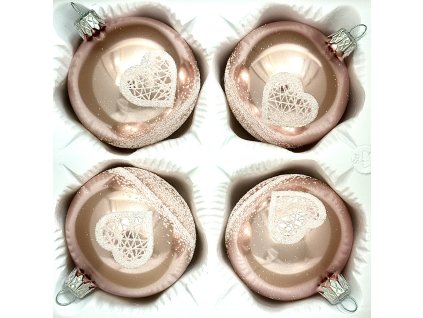 Romantické růžové vánoční koule se srdíčky – sada 4 ks (7 cm)