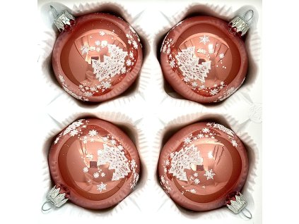 Růžové skleněné vánoční koule se stromečkem a vločkami – sada 4 ks (7 cm)