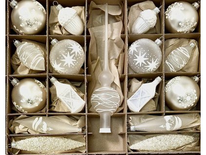 Irisa Luxusní sada skleněných vánočních ozdob v bílo-stříbrné eleganci – 37 ks se špicí