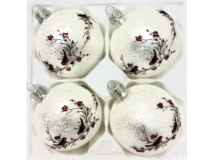 Sada skleněných vánočních koulí 8 cm – Ptáčci na větvi, 4 ks