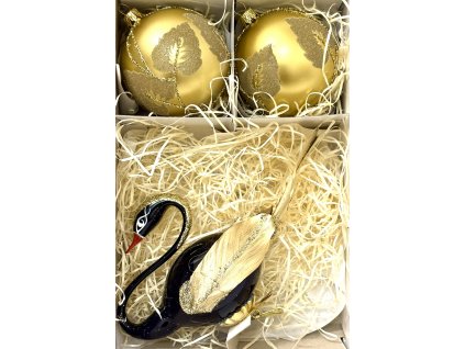 Luxusní sada – černá labuť se zlatými křídly a koule se zlatými listy
