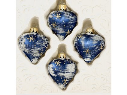 IRISA Modrá vánoční srdíčka se zlatými hvězdami – set 4 ks (7 cm)