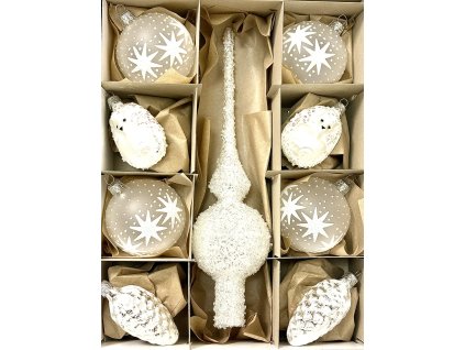 Unikátní sada vánočních ozdob – bílá elegance se špicí 28 cm, koule 8 cm, šišky a zvířátka
