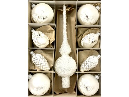 Luxusní sada vánočních ozdob UNIKÁT – kombinace 8 cm ozdob a špice 28 cm