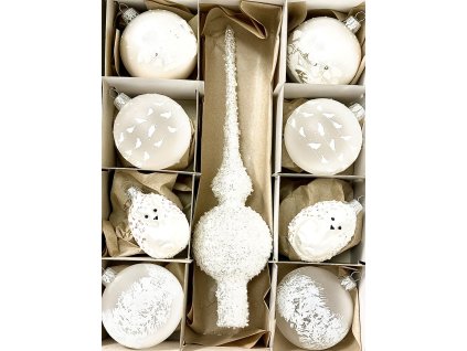 Luxusní sada vánočních ozdob se špicí – Hvězdný sníh 8 cm, špice 28 cm (unikát)