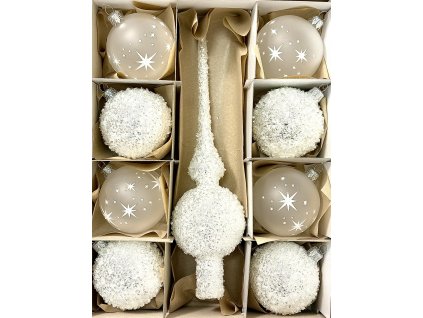 Luxusní sada vánočních ozdob s hvězdami a ledovým efektem – 8 koulí 8 cm + špice 28 cm