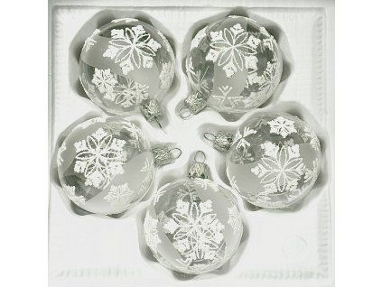 Skleněné vánoční koule 6 cm – Čiré s bílými vločkami (sada 5 ks)