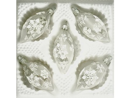 Skleněné vánoční olivy 6 cm – Čiré s bílými vločkami (sada 5 ks)