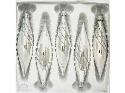 Skleněné vánoční rampouchy 10 cm – Stříbrno-bílé spirály (sada 5 ks)