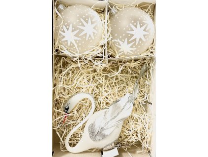 Elegantní sada vánočních ozdob – Bílá labuť a dvě koule s hvězdami (8 cm + 12 cm)