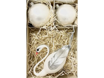 Vánoční sada – Bílá labuť a dvě koule se sněhovými vločkami (8 cm + 12 cm)