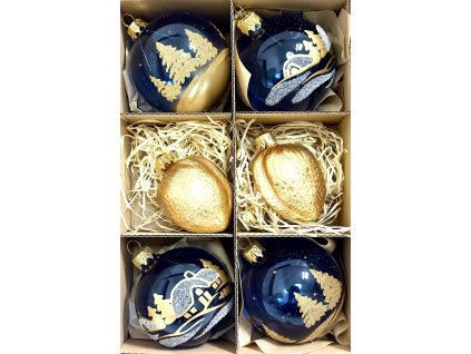 Sada vánočních ozdob Modré krajiny a zlaté ořechy – koule a dekorace (7 cm)