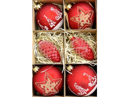 Sada vánočních ozdob Červené kouzlo s hvězdami a šiškami – koule a dekorace (7 cm) a