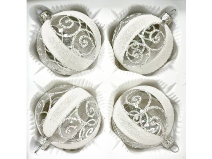 Sada bílých vánočních koulí s průhlednými pásy – Zimní elegance ve skle ( 4 ks, 7 cm )
