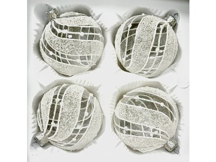 Sada bílých vánočních koulí s mřížkovým dekorem – Křišťálová harmonie ( 4 ks, 7 cm )