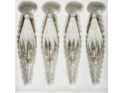 Sada bílých skleněných rampouchů – Ledové království Vánoc  (sada 4 ks, 14 x 3 cm)