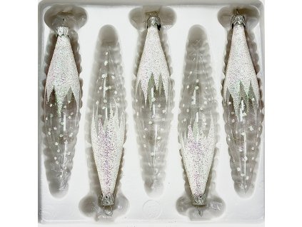 Sada skleněných rampouchů s ledovým efektem – Třpyt zimní noci  (sada 5 ks, 14 x 3 cm)