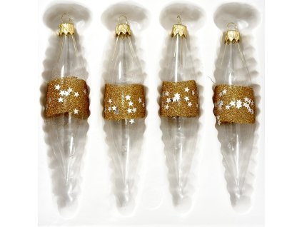 Sada zlatých skleněných rampouchů s hvězdami – Zlatý dech Vánoc  (sada 4 ks, 14 x 3 cm)