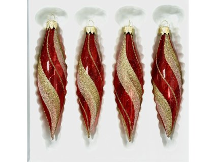 Sada červených spirálových rampouchů se zlatým glitterem – Sváteční třpyt  (sada 4 ks, 14 x 3 cm) a