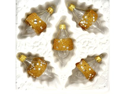 Zlaté hvězdné olivy – třpytivé skleněné ozdoby ( 8 x 4 cm, sada 5 ks )